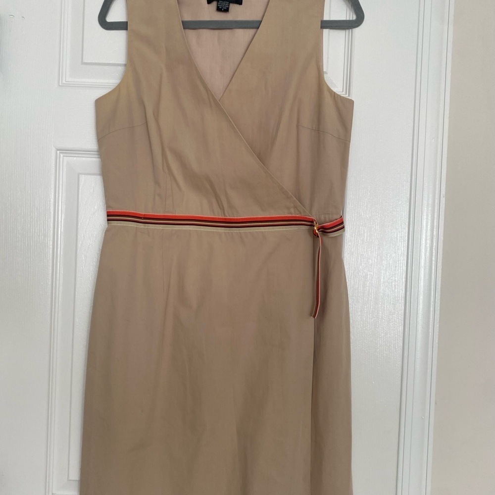 Spenser Jeremy Khaki Tan Cotton Wrap Knee Length Dress Orange Stripe Ribbon Sz 8